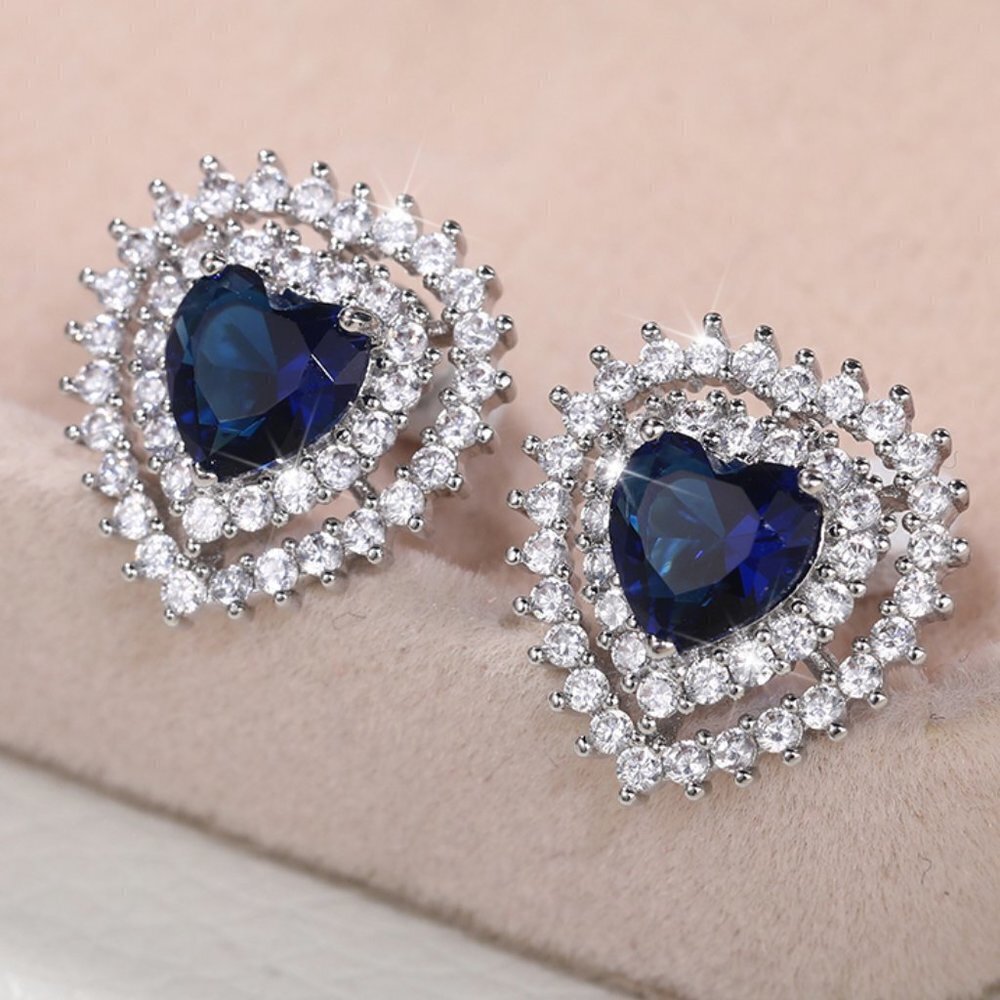 "Hollow Double Heart Blue Zircon Inlaid Heart Earrings for Women, INDN8612